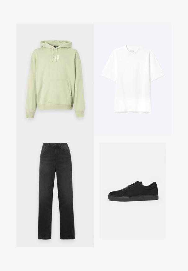 Sweat-shirt à capuche vert clair en tissu doux, comportant une poche frontale et le logo "GAP" en blanc. Poignets et ourlet côtelés.; T-shirt blanc uni à manches courtes et col rond avec une coupe décontractée, présenté sur un fond clair.; Jean noir taille haute en denim coton avec une coupe droite, dotés de poches avant et d'une fermeture à un bouton. Texture lisse.; Baskets basses noires avec fermeture à lacets à l'avant et semelle en caoutchouc plate, vues de profil sur fond blanc.