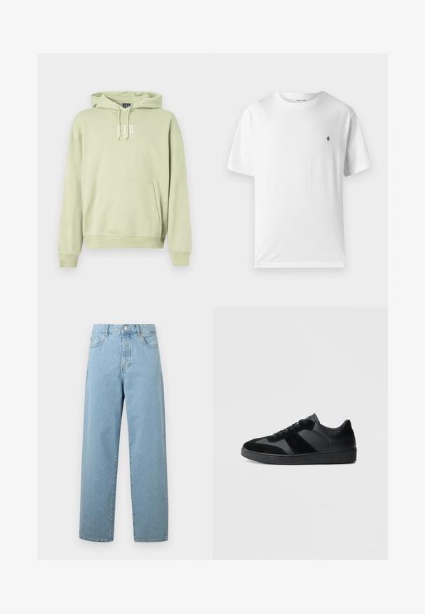 Lichtgroene hoodie gemaakt van zachte stof, met een voorkantzak en een witte "GAP"-logo. Ribgebreide manchetten en zoom.; Witte katoenen t-shirt met een ronde hals, korte mouwen en een klein zwart logo op de borst. Zachte textuur, casual pasvorm.; Lichtblauwe wijde jeans van denim, met een knoopsluiting aan de voorkant, een traditionele vijf-pocket ontwerp en een relaxte pasvorm.; Zwarte sneakers met een mix van glad leer en suède, een gestructureerde zwarte rubberen zool en subtiele streepdetails.