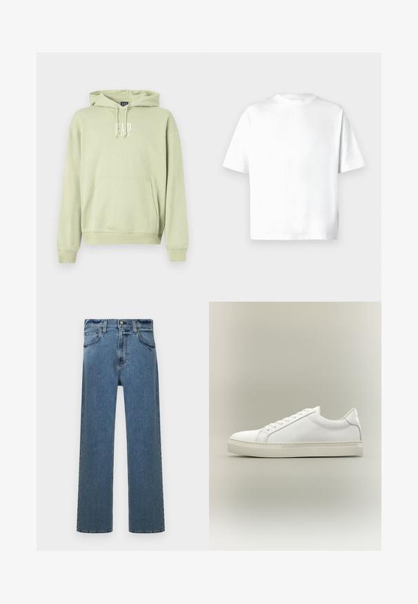 Lys grøn hættetrøje lavet af blødt stof, med en frontlomme og hvidt "GAP" logo. Ribbet manchetter og kant.; Hvid t-shirt med korte ærmer lavet af blød bomuld, med rund hals og en afslappet pasform uden mønstre eller grafik. Glat tekstur.; Blå straight-leg denim jeans med fem lommer, bæltestropper og knaplukning, vist på en hvid baggrund.; Hvid lavtop sneaker med snørebånd foran og tyk sål, vist fra siden mod en neutral baggrund.