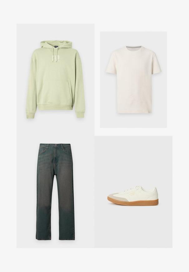 Sweat-shirt à capuche vert clair en tissu doux, comportant une poche frontale et le logo "GAP" en blanc. Poignets et ourlet côtelés.; T-shirt en coton texturé blanc cassé à manches courtes, col rond et logo subtil sur la poitrine gauche, présenté sur fond gris.; Jean en denim vert foncé avec une coupe droite, doté d'un design classique à cinq poches et de coutures contrastantes le long des coutures.; Baskets en cuir blanc avec une coque beige et une semelle en caoutchouc marron clair. Dotées de lacets blancs plats et d'un logo embossé sur le côté.
