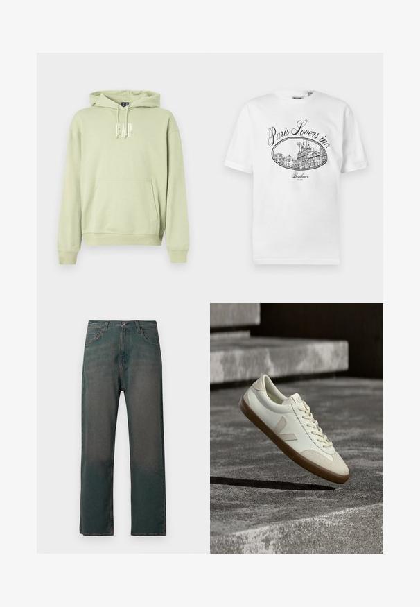 Lys grøn hættetrøje lavet af blødt stof, med en frontlomme og hvidt "GAP" logo. Ribbet manchetter og kant.; Hvid bomulds-T-shirt med et sort illustrativt tryk af en pariserbybillede med teksten "Paris Lovers inc." og "Bonheur EST.1992."; Mørkegrønne denimjeans med lige ben, der har et klassisk design med fem lommer og kontrastsyninger langs sømmene.; Hvide læder sneakers med tanfarvet gummisål, flade snørebånd og V-formet detalje på siden. Har en glat overflade og minimale syninger.