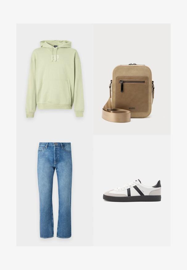 Lichtgroene hoodie gemaakt van zachte stof, met een voorkantzak en een witte "GAP"-logo. Ribgebreide manchetten en zoom.; Lichtblauwe denimjeans met een recht model, voorzien van een klassieke vijf-pocketontwerp, een knoopsluiting en contrasterende stiksels.; Witte sneaker met zwarte en grijze accenten, voorzien van een grijze neus met textuur, zwarte rubberen zool en platte witte veters. Schoon ontwerp, minimalistische stijl.; Kleine beige crossbodytas met een voorvak met ritssluiting, metalen ALDO-logo, verstelbare brede band en afgeronde rechthoekige vorm op een witte achtergrond.