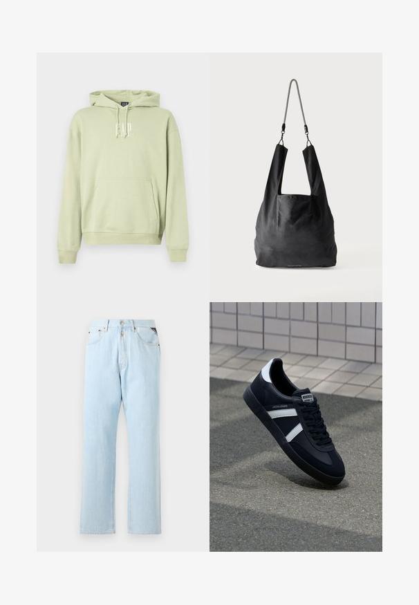 Lys grøn hættetrøje lavet af blødt stof, med en frontlomme og hvidt "GAP" logo. Ribbet manchetter og kant.; Lyseblå denimjeans med lige ben. Har en knap- og dyse-lukning, fem lommer og kontraststing.; Sort lædersneaker med hvide striber, tekstureret gummisål og snørrebånd foran. Har et brandet mærke på tungen.; Sort blød stofnettaske med brede håndtag og en tynd sort-hvid flettet skulderrem.