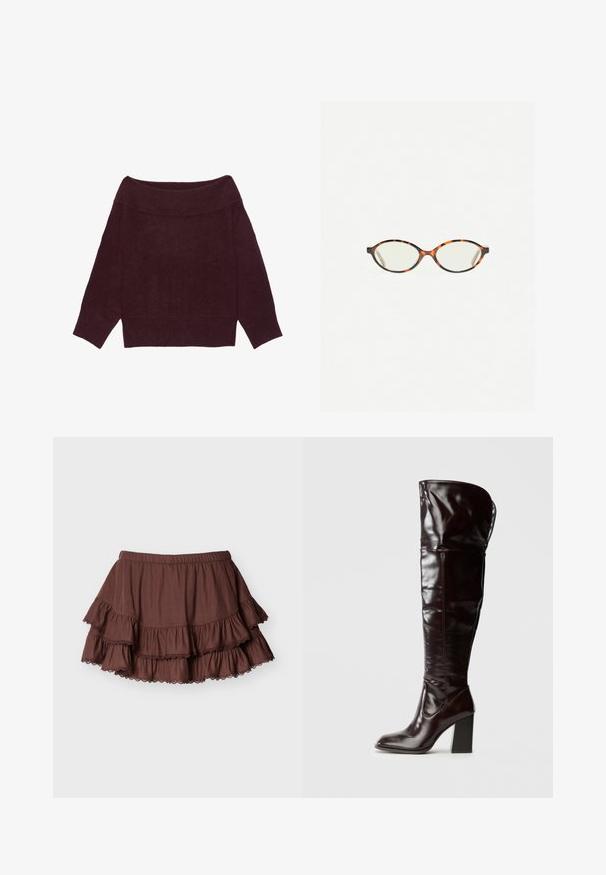 Off-shoulder langærmet sweater i mørk bordeauxstrik med ribbet krave, manchetter og kant.; Brun lagdelt mini-nederdel med elastisk talje og blonderkantede flæser på en ensartet lys baggrund.; Knæhøje, blanke bordeauxrøde læderstøvler med firkantet tå og blokhæl, der har et løstsiddende design og minimale syningsdetaljer.; Skildpaddebriller med ovale linser og en elegant, glat finish. Har tynde sider med en subtil kurve ved tindingerne. Klare linser.
