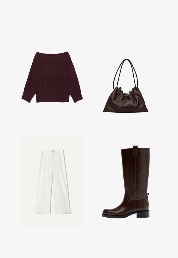 Pull à manches longues, épaules dénudées, en maille bordeaux foncé avec col, poignets et ourlet côtelés.; Pantalon large blanc en tissu lisse, avec une fermeture à bouton à l'avant et des détails plissés. Conception à l'avant plat, sans poches visibles.; Botte en cuir marron foncé montant jusqu'au genou avec un petit talon bloc, une languette de traction en haut et à l'arrière, et un bout arrondi, vue de profil.; Sac à main en cuir brun foncé souple avec une forme flasque et deux fines bretelles sur fond blanc.