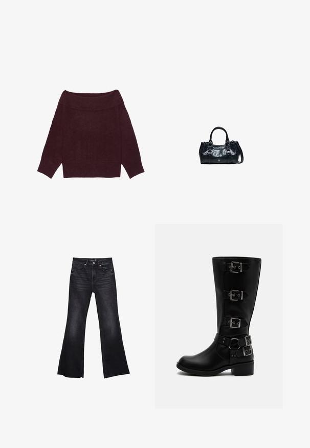 Pull à manches longues, épaules dénudées, en maille bordeaux foncé avec col, poignets et ourlet côtelés.; Jean noir évasé en denim avec une texture légèrement délavée. Comprend des poches avant, une fermeture éclair et des accents de couture visibles.; Botte en cuir noire mi-mollet avec quatre boucles métalliques réglables et un petit talon bloc sur fond blanc.; Sac à main en cuir noir avec deux poignées supérieures, boucles décoratives et une bandoulière amovible sur fond blanc.