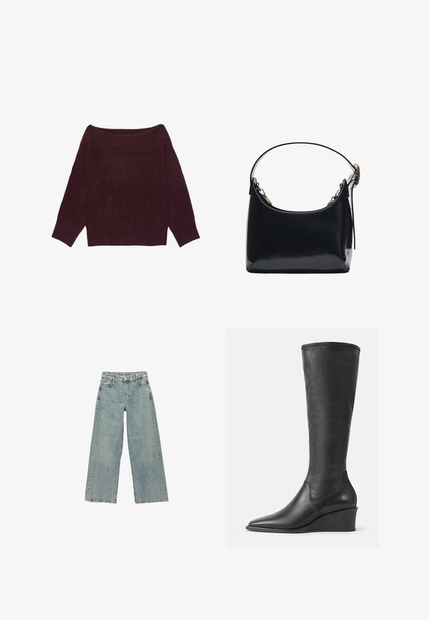 Off-shoulder langærmet sweater i mørk bordeauxstrik med ribbet krave, manchetter og kant.; Lyseblå vidde jeans i denim med høj talje, forlommer og falmede vask. Har en ren kant og subtile syninger.; Knæhøje sorte læderstøvler med en glat overflade, spids tå og kilehæl; har en syet kant øverst.; Sort læder skuldertaske med en glat overflade, buet form og en aftagelig kæderekse. Har en top lynlåslukning og en diskret logo detalje.