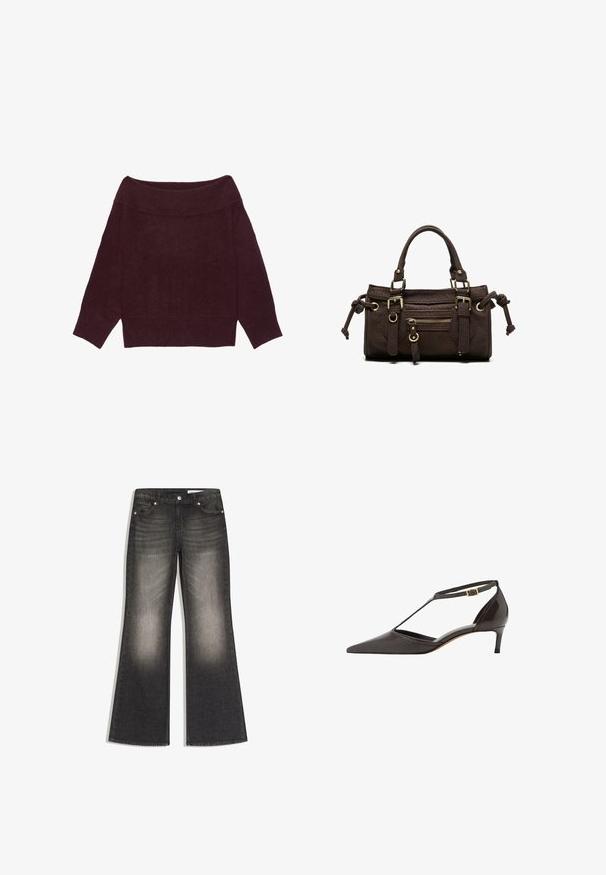 Off-shoulder langærmet sweater i mørk bordeauxstrik med ribbet krave, manchetter og kant.; Sortvaskede flare jeans med forlommer, bæltestropper og knaplukning, lagt fladt på en hvid baggrund.; Sorte læder damesko med spids tå, lav hæl, T-strop og guld spænde lukning på hvid baggrund.; Mørkebrun læderhåndtaske med dobbelte håndtag, forreste lynlåslomme, dekorative spænder og sideknuder på hvid baggrund.