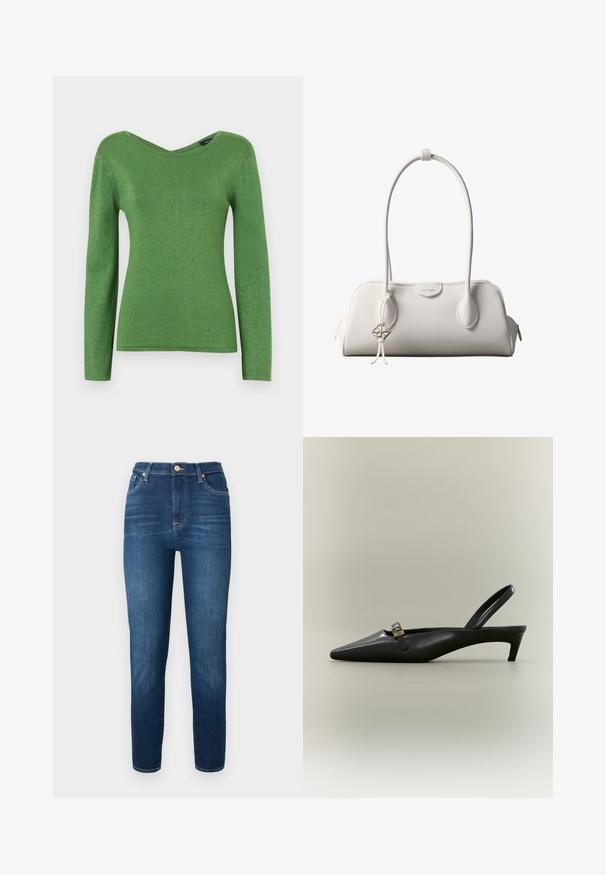 Grøn langærmet top lavet af glitrende stof, med V-hals og tætsiddende silhuet, med glat tekstur og ingen synlige udsmykninger.; Mørkeblå denimjeans med høj talje, tapered ben og knaplukning. Har subtil falmning og ingen synlige mønstre eller udsmykninger.; Sort læder slingback med kitten heel, spids tå og lille guldfarvet spænde på en ensfarvet baggrund.; Hvid Calvin Klein skuldertaske med lange håndtag, rektangulær form, lynlåslukning og dekorativt logohæng tæt på håndtaget.