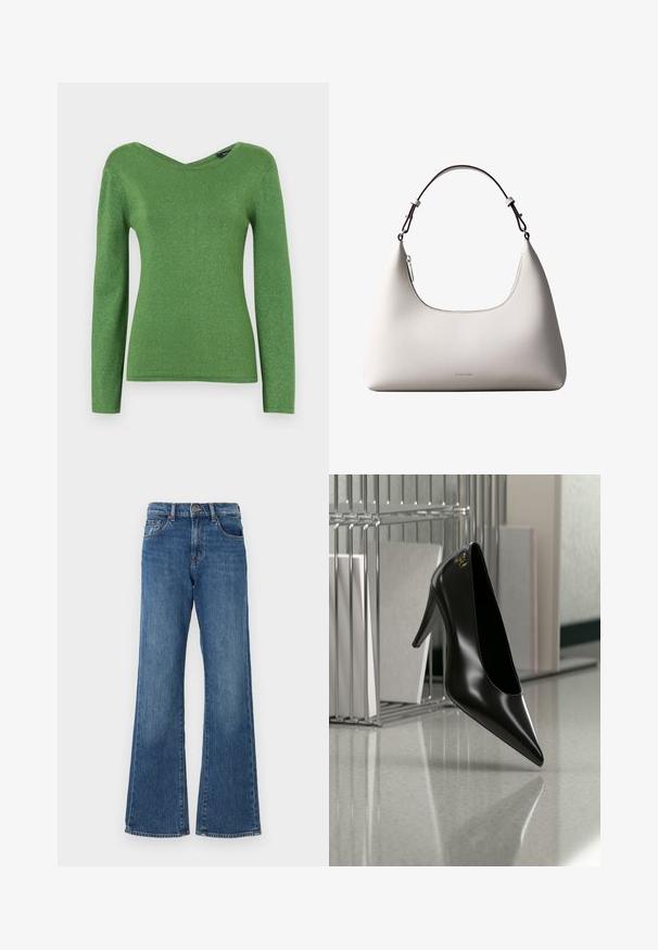 Grøn langærmet top lavet af glitrende stof, med V-hals og tætsiddende silhuet, med glat tekstur og ingen synlige udsmykninger.; Blå denim flared jeans med høj talje, der har fem lommer og knaplukning. Stofmet har en let falmet finish.; Sort højhælet sko med spids tå og guldlogo, placeret på en reflekterende overflade nær en krom trådfilholder med dokumenter.; Cremefarvet skuldertaske i læder fra Calvin Klein med buet topkant, sølvfarvet lynlås og mørkebrun justerbar rem.