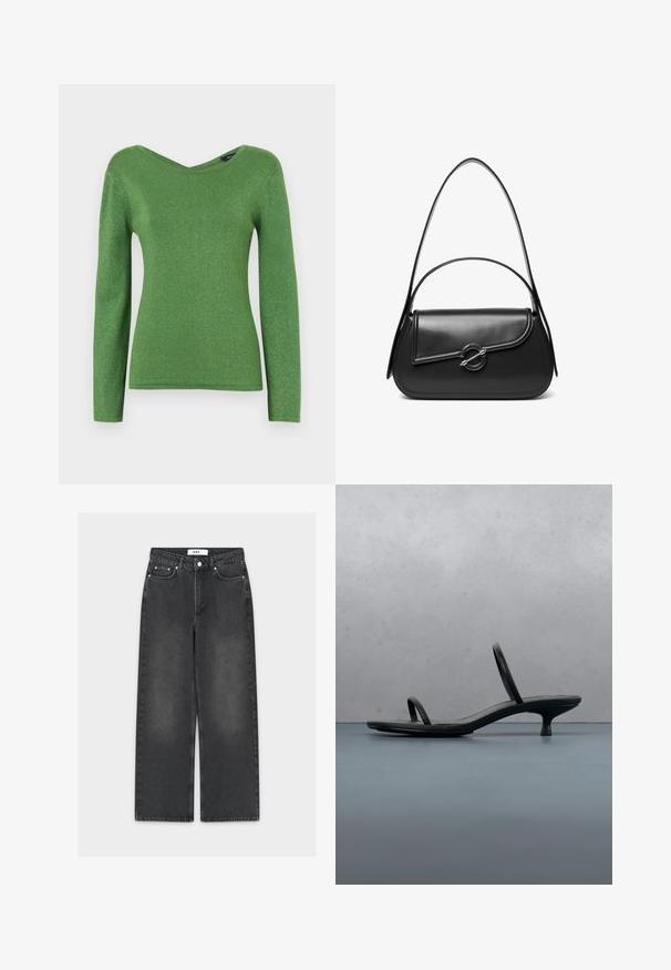 Grøn langærmet top lavet af glitrende stof, med V-hals og tætsiddende silhuet, med glat tekstur og ingen synlige udsmykninger.; Sorte jeans med vide ben i denim med en falmet finish, der har lukning med knap og lynlås, fem-lomme-design og kontrasterende syninger.; Sort Calvin Klein sandal med hæl og tynde stropper, balancerende på træfliser udendørs nær en væg og grønne planter.; Sort skuldertaske i læder med en buet klap, der er fastgjort med en rund metal spænde, og en slank, justerbar rem.