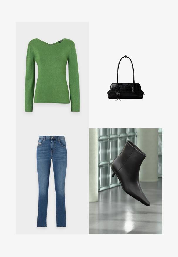 Grøn langærmet top lavet af glitrende stof, med V-hals og tætsiddende silhuet, med glat tekstur og ingen synlige udsmykninger.; Blå denim jeans med lige pasform, fem-lomme design, knaplukning og diskret falming. Glat tekstur og ren kant.; Sort læderankelstøvle med spids tå og lille hæl vist mod en væg af glasblokke og poleret gulv baggrund.; Sort skuldertaske i krokodillelæder med lange stropper og lille sølvlogo-charm på den ene strop.