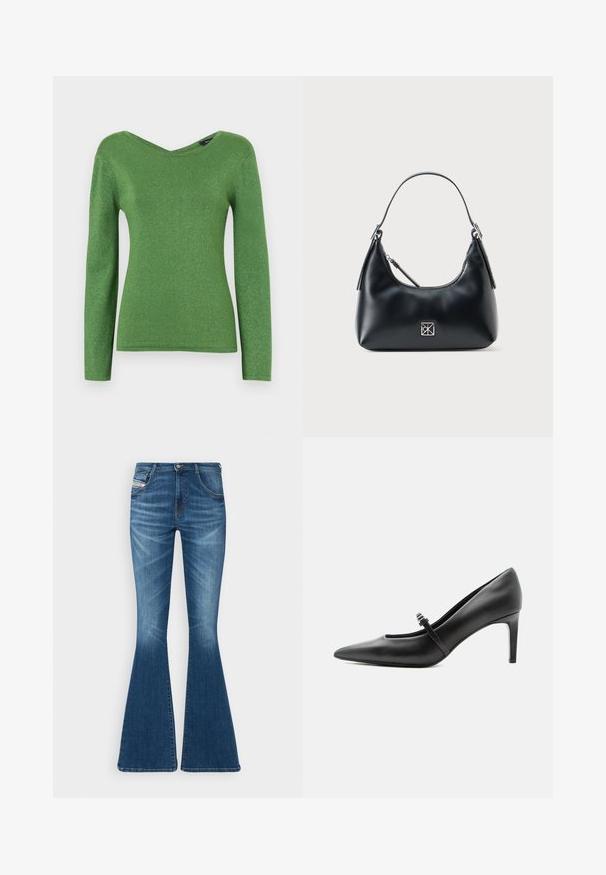 Grøn langærmet top lavet af glitrende stof, med V-hals og tætsiddende silhuet, med glat tekstur og ingen synlige udsmykninger.; Flared jeans i mellemblå denim med høj talje, fem-lomme design og subtile whiskering-detaljer ved lårene.; Sort læderspids højhælede sko med tynd rem og spænde over vristen, stående på en neutral lys baggrund.; Sort læder skuldertaske med et enkelt håndtag, lynlåslukning og et lille kvadratisk sølvlogo på forsiden.