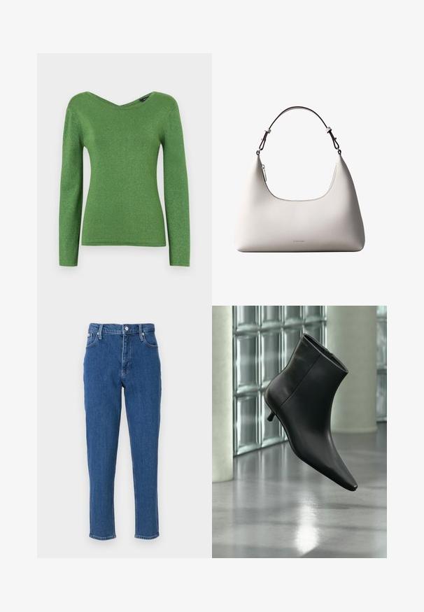 Grøn langærmet top lavet af glitrende stof, med V-hals og tætsiddende silhuet, med glat tekstur og ingen synlige udsmykninger.; Blå denim jeans med høj talje, lynlås, fem lommer, lige ben og en diskret fadet tekstur, samt en ren sømfinish.; Sort læderankelstøvle med spids tå og lav kitten-hæ, vist vinklet mod en poleret gulv- og glasblokvæg.; Cremefarvet skuldertaske i læder fra Calvin Klein med buet topkant, sølvfarvet lynlås og mørkebrun justerbar rem.