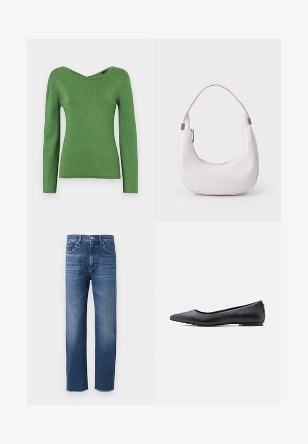 Grøn langærmet top lavet af glitrende stof, med V-hals og tætsiddende silhuet, med glat tekstur og ingen synlige udsmykninger.; Blå denimjeans med straight-leg design, featuring en falmet finish, fem-lomme styling og en frynset kant.; Sort flad lædersko med spidst tåparti og lav hæl, vist i sideprofil mod en hvid baggrund.; En buet, blød pink håndtaske lavet af glat kunstlæder, med en enkelt håndtag og et lynlåslomme med metalliske detaljer.