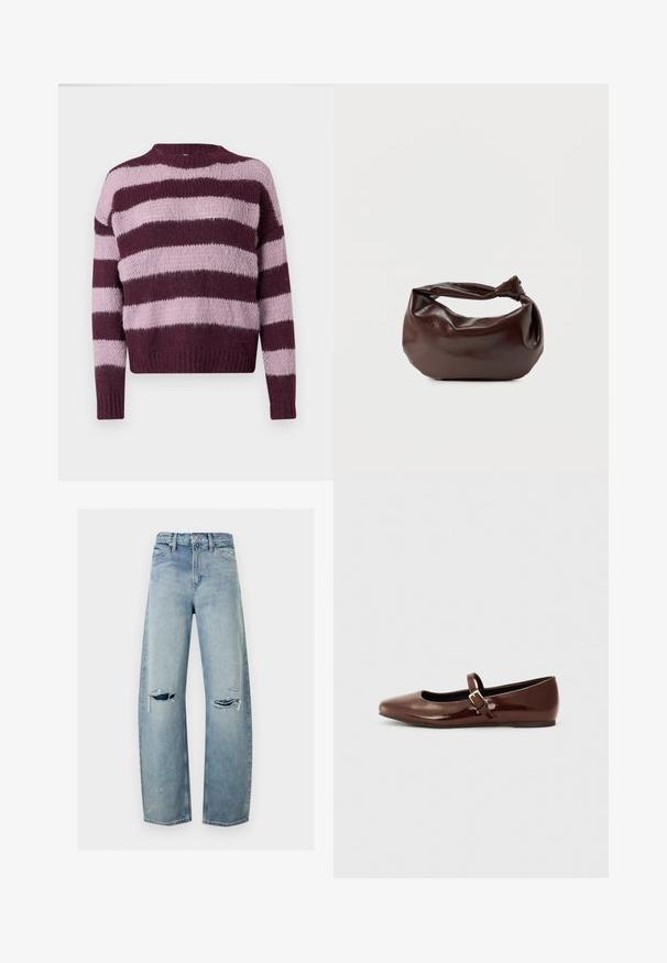 Pull en laine avec des rayures horizontales bordeaux et rose clair. Doté d'un col rond et de poignets et d'un ourlet côtelés. Texture douce.; Jean droit en denim bleu clair avec des déchirures usées sur les deux genoux, poches avant, passants de ceinture et fermeture par bouton.; Ballerine en cuir verni marron avec un bout carré et une lanière ornée d'une petite boucle dorée. Texture lisse, talon bas et design minimaliste.; Sac bandoulière en cuir marron foncé avec une forme souple et décontractée et une anse nouée torsadée sur un fond blanc uni.