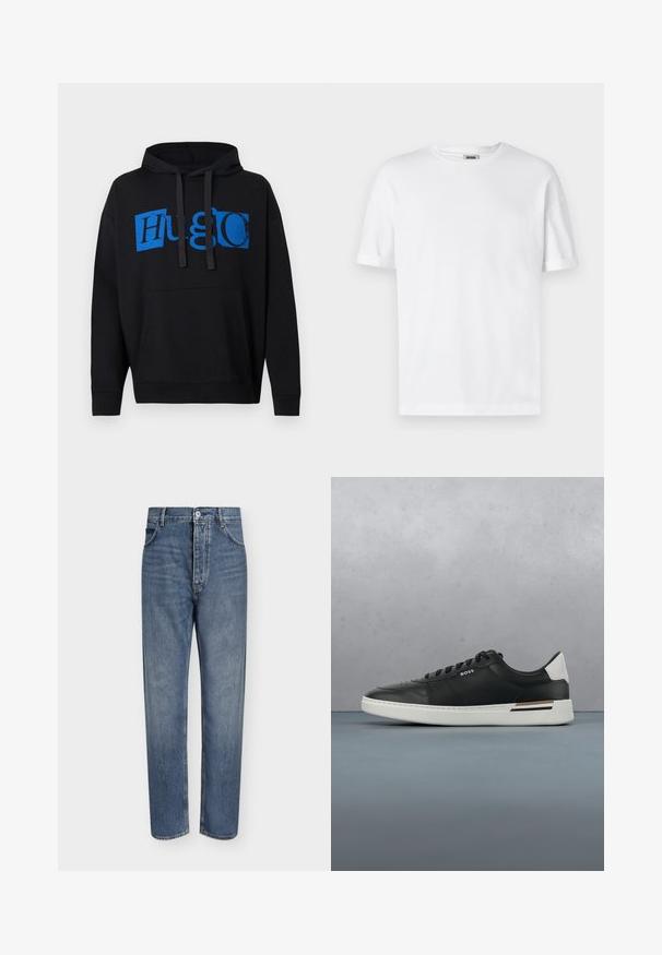 Sort hættetrøje med en stor blå "Hugo" grafik på forsiden, med lomme foran og hætte med snor. Klassisk design.; Hvid bomulds T-shirt med rund hals, korte ærmer og oprevet manchetter; enkel design, blød tekstur og lige snit.; Straight-leg blå denim jeans med høj talje, frontknaplukning og fem-lomme design på en ensartet lys baggrund.; Sort lædersneaker med hvid sål, har perforeringer, snørebåndsdesign, logo på siden og kontrasterende hældetalje i hvid og brun.