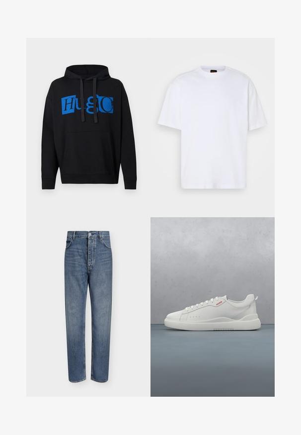 Sweatshirt à capuche noire avec un grand motif bleu "Hugo" sur le devant, avec une poche frontale et un cordon de serrage à la capuche. Design classique.; T-shirt en coton blanc avec un col rond, des manches courtes et une coupe décontractée. Les coutures épaules texturées ajoutent un détail supplémentaire.; Jean droit en denim bleu avec taille haute, fermeture à boutons sur le devant et design à cinq poches sur un fond clair uni.; Sneaker blanche avec une finition en cuir lisse, bout rond, quatre œillets, perforations subtiles et un détail de logo rouge sur le côté.