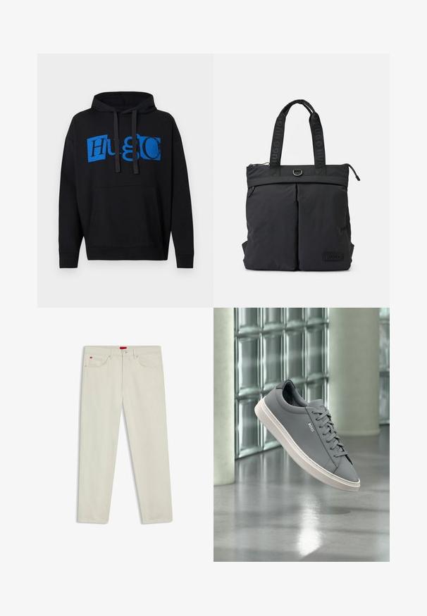 Sort hættetrøje med en stor blå "Hugo" grafik på forsiden, med lomme foran og hætte med snor. Klassisk design.; Beige jeans med lige ben, foran med knap og lynlås, bæltestropper og fem-lommer design, inklusive små røde mærkatag.; Grå BOSS sneaker med hvid sål, snørebånd, svævende indendørs foran en væg af glasblokke og poleret beton gulv.; Sort tote bag lavet af glat materiale, med to forlommer, dobbelte håndtag med præget logo og en lynlåslukning øverst.