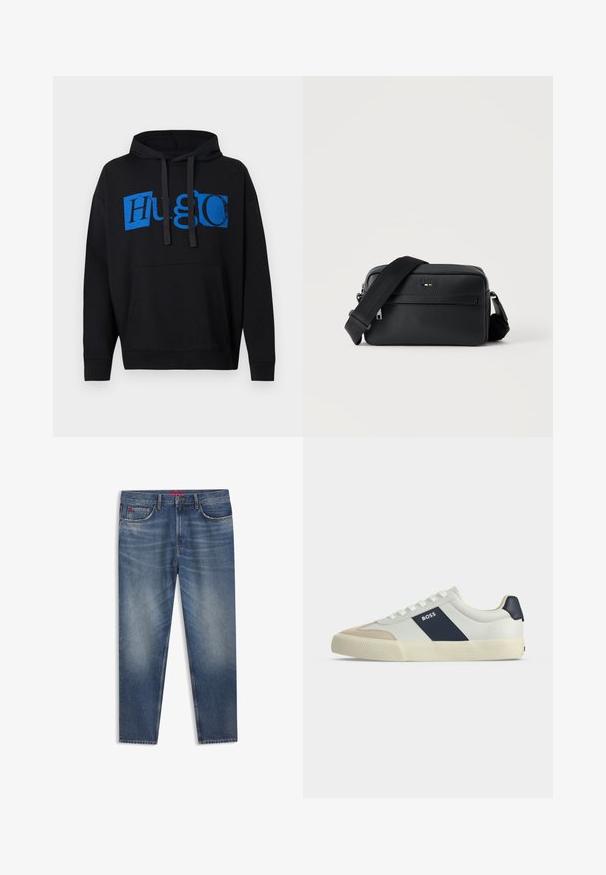 Zwarte capuchontrui met een grote blauwe "Hugo" grafiek op de voorkant, voorzien van een voorzak en een trekkoordcapuchon. Klassiek ontwerp.; Blauwe denim jeans met een klassiek ontwerp, voorzien van een knoopsluiting, vijf zakken en subtiele vervaging. Rechte pijp, medium wassing.; Witte lage sneaker met beige neus, donkerblauwe zijstreep met label BOSS, witte veters en rubberen zool op een neutrale achtergrond.; Zwarte gestructureerde leren crossbodytas met voorvak met ritssluiting en verstelbare brede stoffen schouderband op een witte achtergrond.