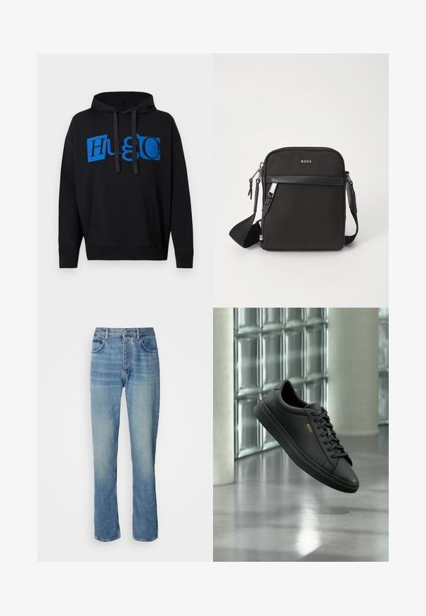 Sweatshirt à capuche noire avec un grand motif bleu "Hugo" sur le devant, avec une poche frontale et un cordon de serrage à la capuche. Design classique.; Jean en denim droit bleu clair avec taille haute, fermeture par bouton et zip à l'avant, et design à cinq poches.; Baskets basses en cuir noir avec lacets noirs et logo BOSS doré sur le côté, flottant au-dessus d’un sol gris brillant dans un espace intérieur moderne.; Sac bandoulière noir en tissu texturé, avec un logo sur le devant, fermeture éclair et une bandoulière réglable. Finitions en cuir lisse.