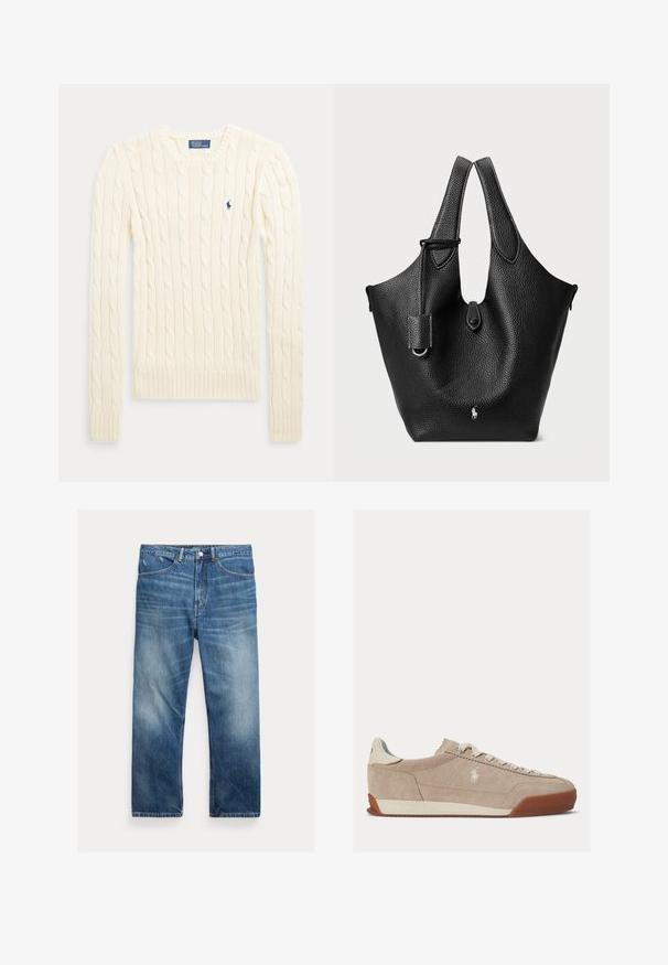 Pull crème à manches longues en maille torsadée avec col rond et petit logo brodé bleu foncé sur la poitrine.; Jean en denim bleu délavé avec une coupe droite, poches avant, passants de ceinture et détails délavés aux cuisses et aux genoux.; Baskets basses en daim beige avec des lacets blancs, un logo blanc sur le côté et une semelle en caoutchouc marron.; Sac fourre-tout en cuir noir avec une texture granulée, un haut arrondi, deux poignées et un détail logo argenté à l'avant. Doté d'une bandoulière amovible.