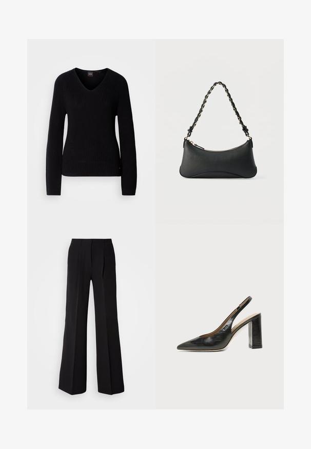 Pull noir à col en V avec une texture en maille côtelée, manches longues et de subtiles perforations sur les côtés. Étiquette de marque visible sur l'encolure.; Pantalons noirs en tissu lisse, avec une taille haute, une coupe évasée et deux plis sur le devant pour un détail de conception supplémentaire.; Chaussure slingback en cuir noir à bout pointu avec un talon bloc haut et une doublure intérieure beige sur un fond clair uni.; Sac à bandoulière en cuir noir de forme rectangulaire incurvée, avec une chaîne dorée tissée dans la bandoulière noire tressée et une fermeture éclair sur le dessus.