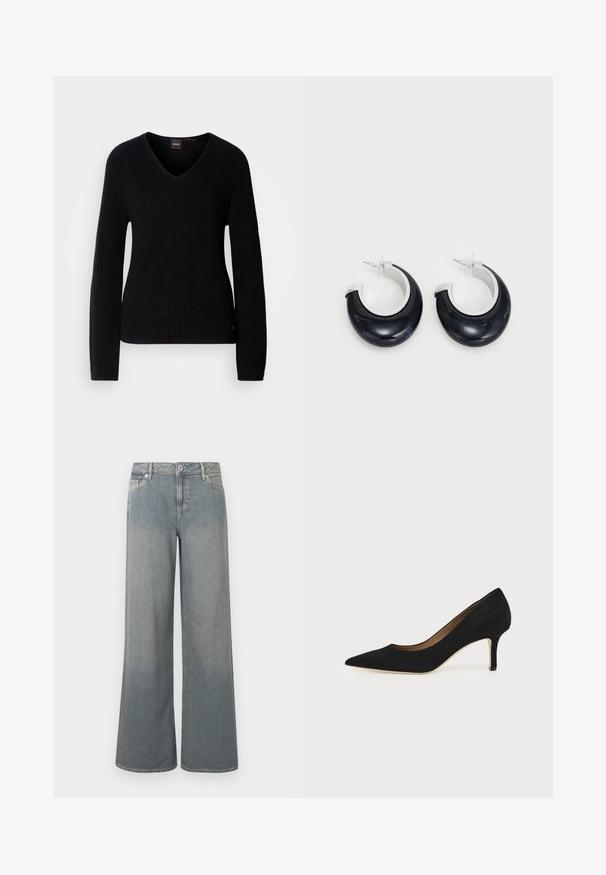 Pull noir à col en V avec une texture en maille côtelée, manches longues et de subtiles perforations sur les côtés. Étiquette de marque visible sur l'encolure.; Jean large coupe large délavé clair en denim, doté d'un design classique à cinq poches, d'une fermeture éclair et bouton, avec des accents d'ourlet effiloché.; Escarpin en daim noir à bout pointu avec un talon stiletto fin de hauteur moyenne et un design à coupe basse sur un fond uni.; Boucles d'oreilles en résine noire avec une finition brillante et des accents en métal argenté. Forme circulaire avec une découpe et une fermeture à tige.