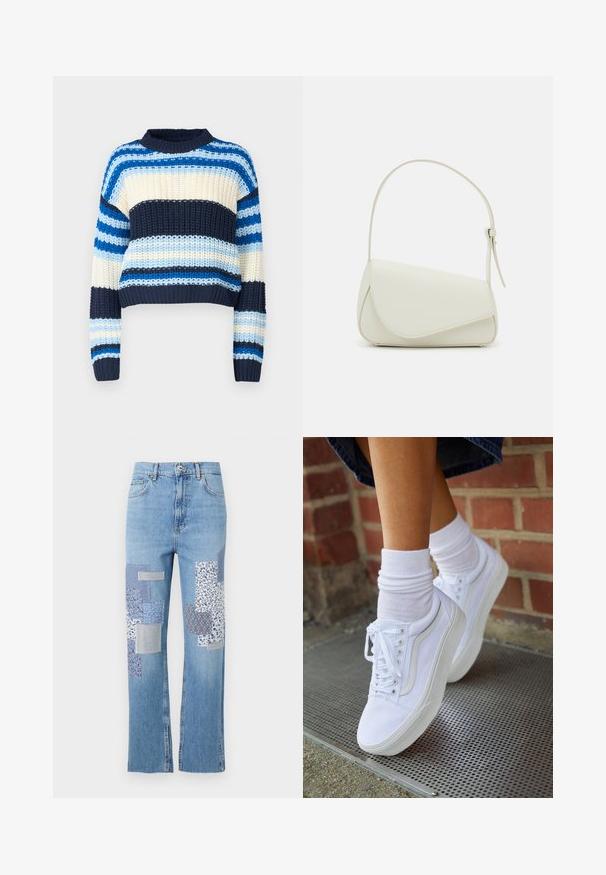 Noisy May Pullover - multi coloured; Jean en denim bleu clair avec une coupe large, décoré de divers patchs en tissu à motifs bleus et blancs sur le devant.; Baskets en toile blanches avec semelles en caoutchouc, dotées de six œillets, d'un bout rond et de détails de couture légers, portées avec des chaussettes blanches mi-mollet.; Sac à main en cuir synthétique blanc avec une forme triangulaire structurée, une bandoulière unique réglable et un rabat à courbes accentuées.