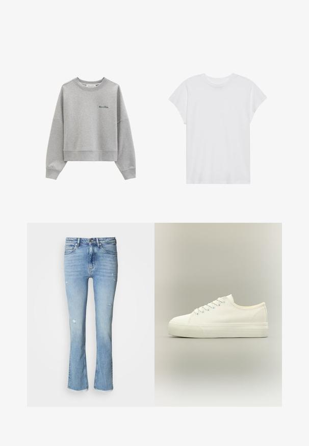 Sweat-shirt court gris clair à manches longues avec logo vert "Marc O’Polo" sur la poitrine gauche.; T-shirt blanc à manches courtes, col rond, coupe décontractée, en tissu de coton doux. Texture lisse, sans motifs ni logos.; Jeans évasés en denim bleu clair avec détails usés, cinq poches, fermeture par bouton et ourlet effiloché aux chevilles.; Baskets basses blanches en toile avec lacets à l'avant et semelle épaisse en caoutchouc texturée sur fond neutre.