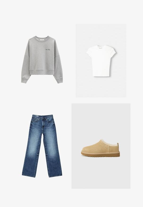 Sweat-shirt court gris clair à manches longues avec logo vert "Marc O’Polo" sur la poitrine gauche.; T-shirt blanc à manches courtes en coton doux, avec un col rond et une coupe ajustée. Pas de motifs ni d'ornements visibles.; Jean denim bleu à jambes larges avec poches avant et poche monnaie, fermeture à boutons, et lavage délavé sur les cuisses et les genoux.; Chaussure en daim à enfiler de couleur beige clair, dotée d'une douce doublure en fourrure et d'une semelle en caoutchouc texturé avec un léger talon et une sangle à l'arrière pour un enfilage facile.