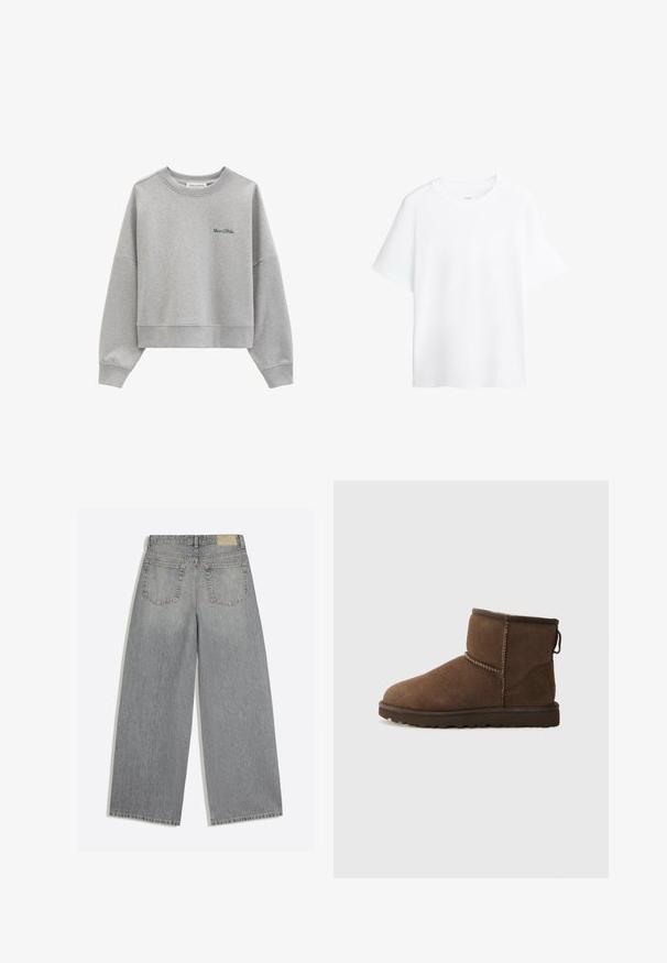 Sweat-shirt court gris clair à manches longues avec logo vert "Marc O’Polo" sur la poitrine gauche.; T-shirt blanc uni à manches courtes et col rond, coupe décontractée, présenté sur un fond blanc.; Jean en denim gris à jambes larges montrant l'arrière avec deux poches et des passants de ceinture, posé à plat sur fond blanc.; UGG CLASSIC MINI II - Bottes de neige - dusted cocoa