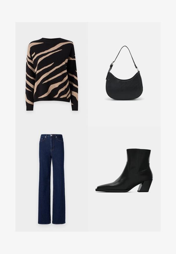 Pull noir avec motif rayé tigre beige, présentant un col rond, des manches longues et une texture douce. Finition des bords en côtelé.; Jean en denim bleu foncé à taille haute, coupe large et design classique à cinq poches. Fini avec des coutures contrastées et un bouton en métal.; Bottine en cuir noir avec un bout pointu, une silhouette élégante et un talon carré massif. Texture lisse avec des détails de couture minimalistes.; Sac hobo noir en cuir lisse avec une silhouette arrondie, doté d'une seule sangle ajustable et de détails de design minimalistes.