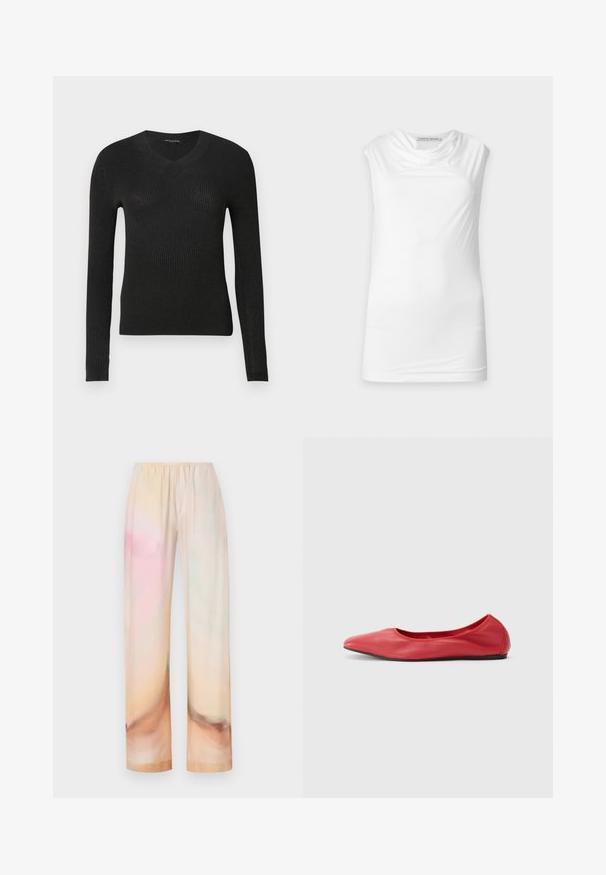 Pull noir côtelé à manches longues avec un décolleté en V. Présente une silhouette ajustée et un tissu texturé, offrant un léger éclat.; Haut blanc sans manches avec encolure drapée, en tissu lisse, étiqueté Tiger of Sweden sur fond uni.; Pantalon en coton à coupe ample avec taille élastique dans un dégradé pastel doux de tons pêche, rose et crème.; Filippa K REY FLATS - Ballerines - bright red