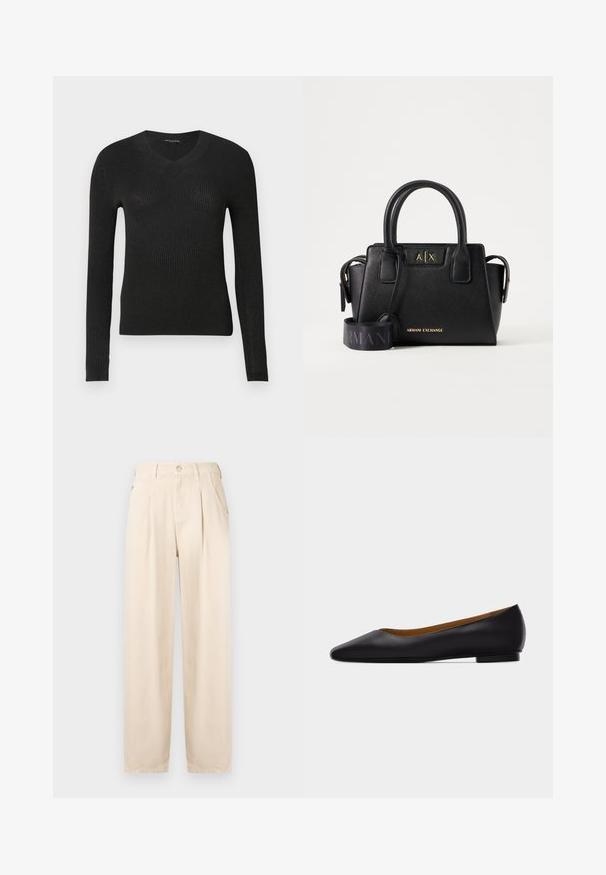 Pull noir côtelé à manches longues avec un décolleté en V. Présente une silhouette ajustée et un tissu texturé, offrant un léger éclat.; Pantalon beige plissé en tissu mélangé coton. Comprend une braguette zippée, une fermeture à bouton et des poches latérales, avec une coupe décontractée et des jambes droites.; Chaussure plate en cuir noir à bout pointu avec talon bas et finition lisse, vue de côté sur un fond gris clair.; Sac à main noir Armani Exchange avec doubles poignées, logo de marque doré sur le devant et une large bandoulière noire réglable avec le texte Armani.
