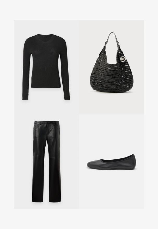 Pull noir côtelé à manches longues avec un décolleté en V. Présente une silhouette ajustée et un tissu texturé, offrant un léger éclat.; Pantalons en cuir noir avec une coupe droite, dotés d'une taille à boutons, de cinq poches et de coutures visibles le long des coutures.; Ballerines en cuir noir avec un bout rond, texture lisse, détails de couture minimalistes et design de semelle flexible.; Sac hobo tissé noir avec poignées en cuir, breloque logo Michael Kors argentée, et petite plaque logo sur le devant.