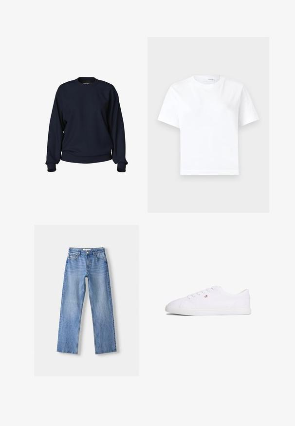Marineblauwe sweatshirt met een ronde hals, lange mouwen, ribgebreide manchetten en tailleband. Gladde textuur zonder zichtbare patronen of hardware.; Effen witte katoenen T-shirt met korte mouwen, ronde hals en rechte zoom, getoond op een witte achtergrond.; Lichtblauwe denim jeans met een rechte pasvorm, voorzien van vijf zakken, een knoopsluiting aan de voorkant en subtiele vervaging voor textuur.; Witte lage sneaker met vetersluiting en een klein rood-wit-blauw logo aan de zijkant, platte rubberen zool.