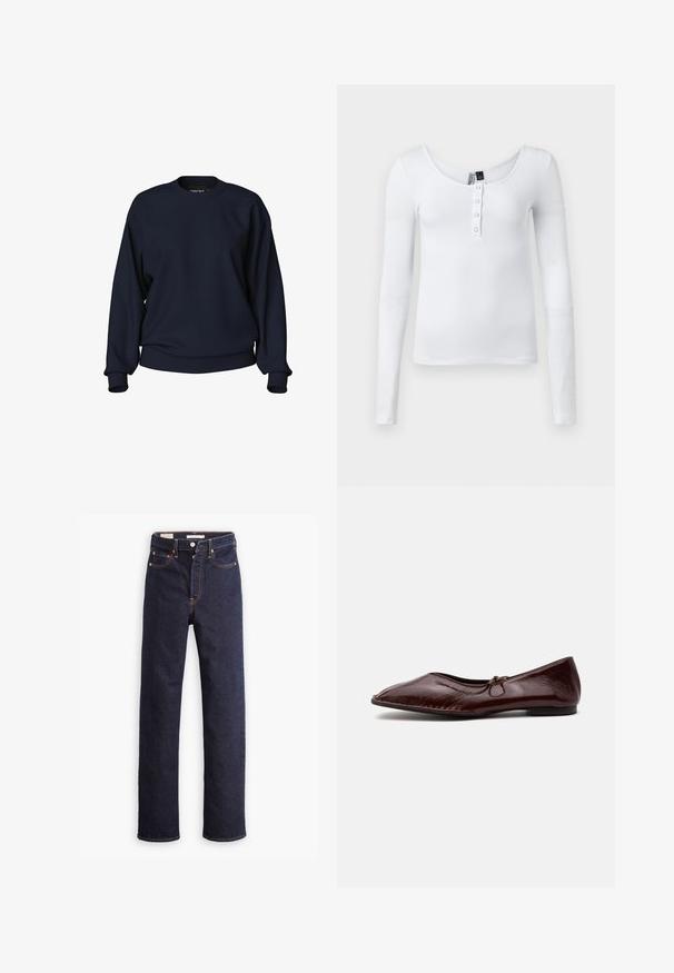 Marineblauwe sweatshirt met een ronde hals, lange mouwen, ribgebreide manchetten en tailleband. Gladde textuur zonder zichtbare patronen of hardware.; Witte langarm ribgebreide top met een ronde halslijn en vier knopen aan de voorkant. De stof heeft een gladde textuur en een getailleerd ontwerp.; Donkerblauwe straight-leg denim jeans met vijf zakken en zichtbare oranje stiksels op een witte achtergrond.; Shiny donkerbruine platte schoen met puntige neus en klein strikdetail bovenop, getoond op een effen lichte achtergrond.