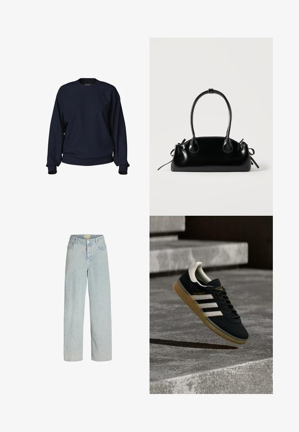 Mørkeblå sweatshirt med rund hals, lange ærmer, ribbede manchetter og bånd i livet. Glat tekstur uden synlige mønstre eller hardware.; Lyseblå denim brede bukser med høj talje, frontlommer og knaplukning. Stof i en blød, let tekstureret udseende.; Sort ruskindssneaker med hvide striber og gyldent logo, med en tekstureret gummisål i karamel og en kontrasterende cremefarvet hæltab.; Lille sort blank håndtaske med to lange håndtag og snøre-detaljer i siden på en ensfarvet lys baggrund.