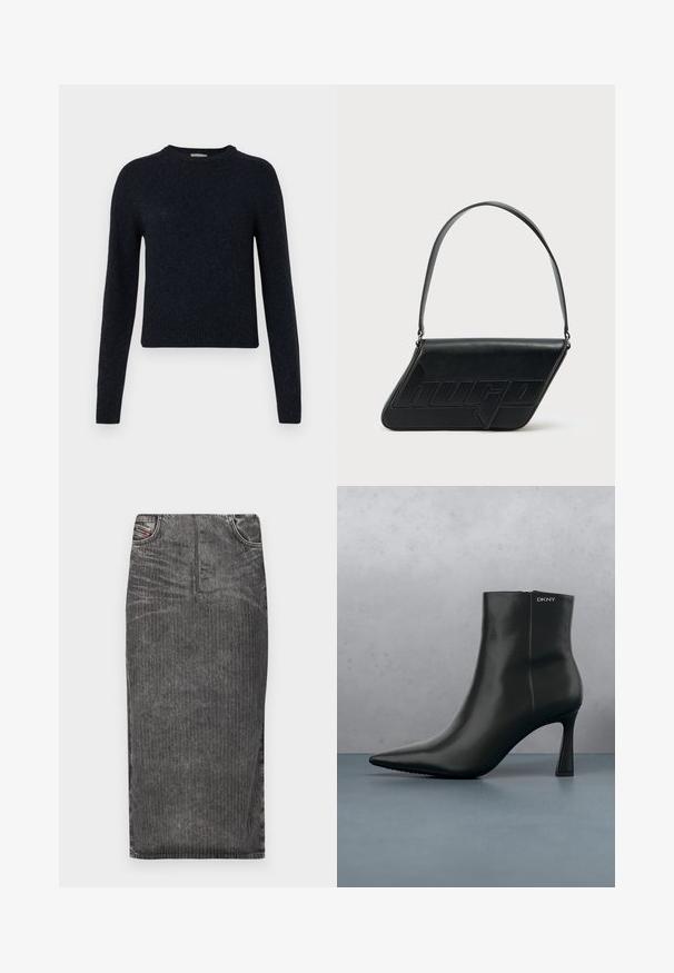 donkerblauwe pullovertrui gemaakt van een zachte gebreide stof; met een ronde hals, lange mouwen en ribgebreide manchetten en onderrand.; Grijze denim midi-rok met verticale streepjes, voorzien van een hoge taille, vijf-pocket ontwerp en een nette zoom.; Zwarte leren enkellaars met spitse neus en een geometrische hak. Heeft subtiele branding en een gladde textuur. De achtergrond heeft getextureerde tegels.; Zwarte leren schoudertas met een driehoekige vorm, geperst logo en een enkele verstelbare riem. Minimalistisch ontwerp met een gladde textuur.