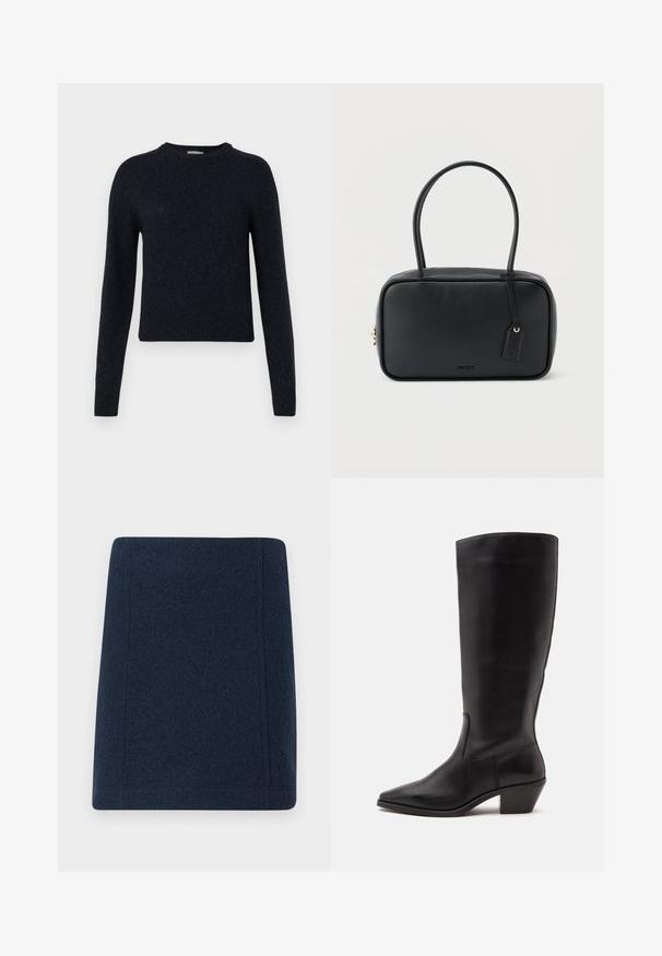 Pull-over bleu marine en tissu tricoté doux ; avec un col rond, des manches longues, et des poignets et un ourlet côtelés.; Jupe mini en laine bleu marine avec une coupe droite, des coutures plates et une texture lisse. Sans motifs ni ornements visibles.; Botte en cuir noire mi-mollet avec un bout pointu et un talon bas incliné sur un fond clair uni.; Sac à main rectangulaire noir avec doubles poignées arrondies, fermeture éclair dorée et logo "HUGO" embossé sur le devant avec une étiquette en cuir attachée.