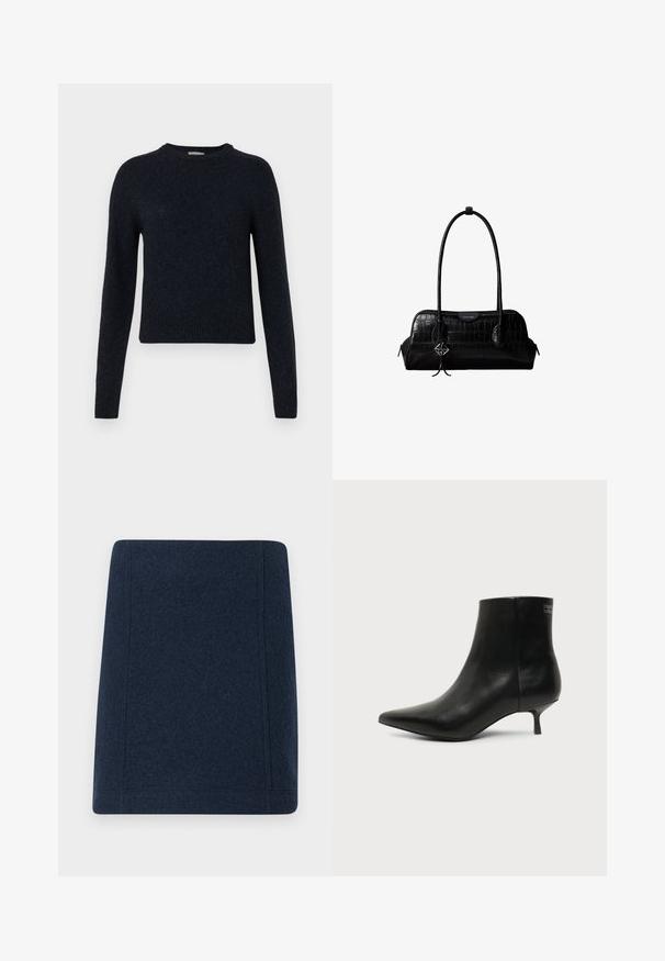 Mørkeblå pullover sweater lavet af et blødt strikket stof; med rund hals, lange ærmer og ribbede manchetter og kant.; Marine uld mini nederdel med en lige form, flade sømme og en glat tekstur. Ingen synlige mønstre eller udsmykninger.; Sort læder ankelstøvle med spids tå og lav kitten hæl på lys baggrund, der viser yderside.; Sort skuldertaske i krokodillelæder med lange stropper og lille sølvlogo-charm på den ene strop.