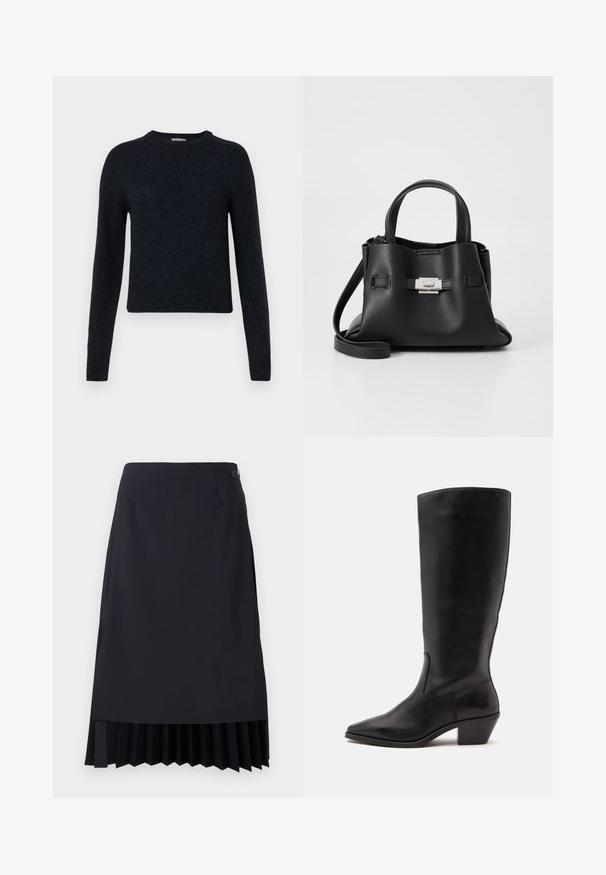 Suéter de color azul marino, hecho de un suave tejido de punto; presenta un cuello redondo, mangas largas y puños y dobladillo de canalé.; Falda lápiz negra con dobladillo plisado, ajuste entallado y una textura suave. Incluye un cierre de cremallera lateral discreto y detalles minimalistas.; Bota de cuero negra hasta la mitad de la pantorrilla con puntera puntiaguda y tacón bajo inclinado sobre un fondo claro y liso.; Bolso de mano de cuero negro con un acabado texturizado, que cuenta con dos asas superiores, una correa de hombro desmontable y un detalle de broche plateado.