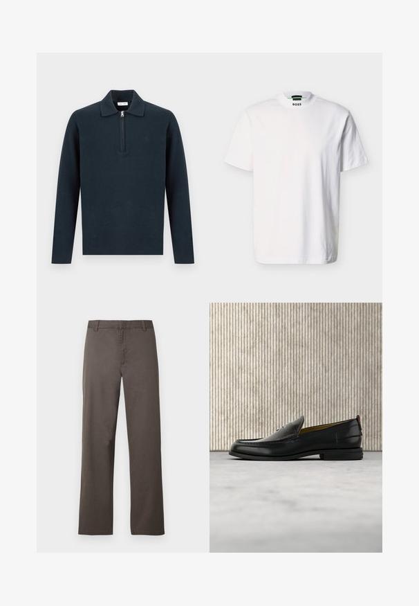 Pull-over à manches longues bleu marine foncé avec un col et une fermeture éclair à moitié zip sur le devant, présenté sur un fond clair uni.; T-shirt blanc à manches courtes en coton, avec un col rond et un logo de la marque imprimé au niveau du col. Texture lisse, design basique.; Pantalon en coton marron avec une coupe droite, doté de passants de ceinture et une texture lisse. Aucun motif visible ni détail de quincaillerie.; Mocassin pour homme en cuir noir avec un dessus embossé effet croco et un petit talon, présenté de profil sur un fond neutre.