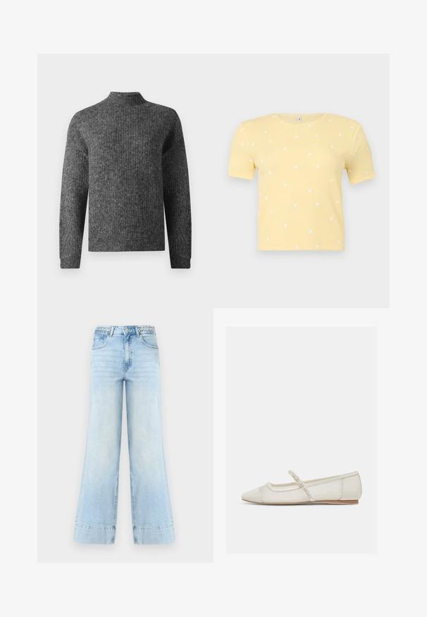 Mørkegrå strikket sweater med lange ærmer og en kort mock neck, vist fra forsiden på en hvid baggrund.; Gul kortærmet ribstrikket top med spredte små hvide hjerte-prints og rund halsudskæring.; Lyseblå jeans med vid benbredde og høj talje, fletbælteøjer, frontknap, lynlås og to lommer på hvid baggrund.; Off-white flad sko med spids tå, perlebesat rem og lav træhæl, sidevisning på lys baggrund.