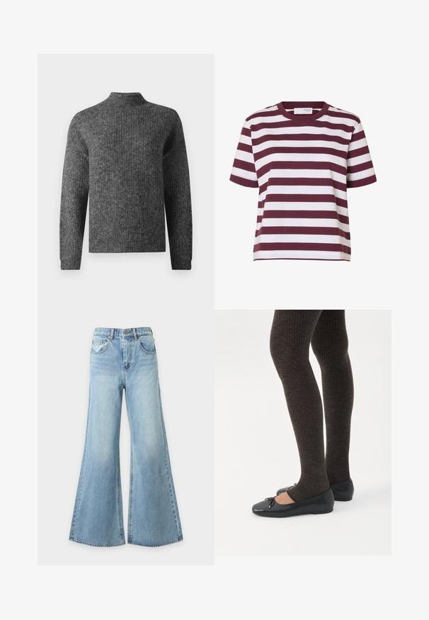 Pull en tricot gris foncé à manches longues et col montant court, présenté de face sur un fond blanc.; T-shirt à manches courtes avec col rond et larges rayures horizontales blanches et rouge foncé.; Jean bleu clair à jambes larges en denim avec fermeture à bouton et fermeture éclair à l'avant, passants de ceinture et poches avant, présenté sur un fond uni.; Jambes portant des leggings côtelés foncés associés à des ballerines noires avec de petits détails en nœud sur fond blanc.