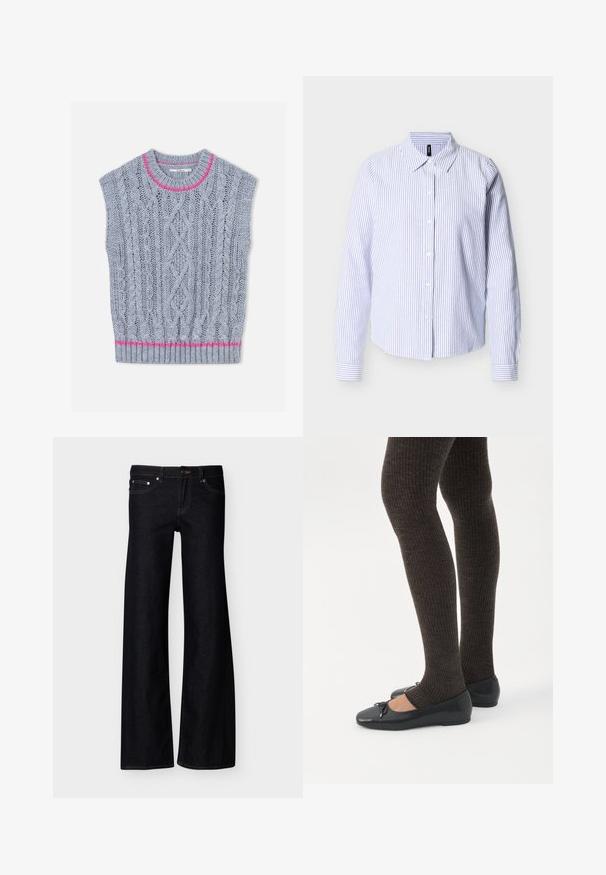 Gilet en tricot gris clair avec un motif torsadé, un accent rose autour de l'encolure et un ourlet inférieur côtelé. Manches courtes.; Chemise à manches longues à boutons avec rayures verticales bleues et blanches et col pointu, présentée sur un fond blanc uni.; Jean denim noir à jambes larges avec poches avant, fermeture par bouton, et coutures apparentes, présenté sur un fond blanc uni.; Jambes portant des leggings côtelés foncés associés à des ballerines noires avec de petits détails en nœud sur fond blanc.