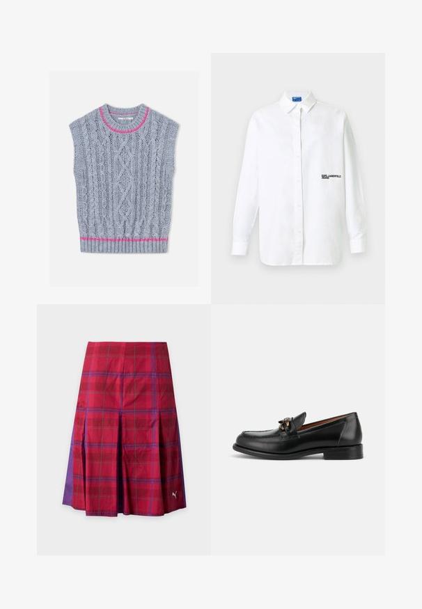 Gilet en tricot gris clair avec un motif torsadé, un accent rose autour de l'encolure et un ourlet inférieur côtelé. Manches courtes.; Chemise blanche à manches longues avec col et logo texte noir "KARL LAGERFELD JEANS" sur le côté gauche de la poitrine.; Jupe plissée à carreaux rouges et violets avec un logo Puma près de l'ourlet côté droit.; Mocassin en cuir noir avec un petit talon, un bout arrondi et un détail de boucle métallique décorative à l'avant.