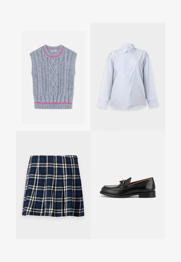 Gilet en tricot gris clair avec un motif torsadé, un accent rose autour de l'encolure et un ourlet inférieur côtelé. Manches courtes.; Chemise blanche à manches longues avec fines rayures verticales bleues, boutonnée sur le devant, col et poche poitrine sur fond uni.; Jupe mini à carreaux avec des couleurs marine, noire et blanche. Dotée de plis et d'une texture lisse. Fermeture éclair sur le côté.; Mocassin en cuir noir avec un petit talon, un bout arrondi et un détail de boucle métallique décorative à l'avant.
