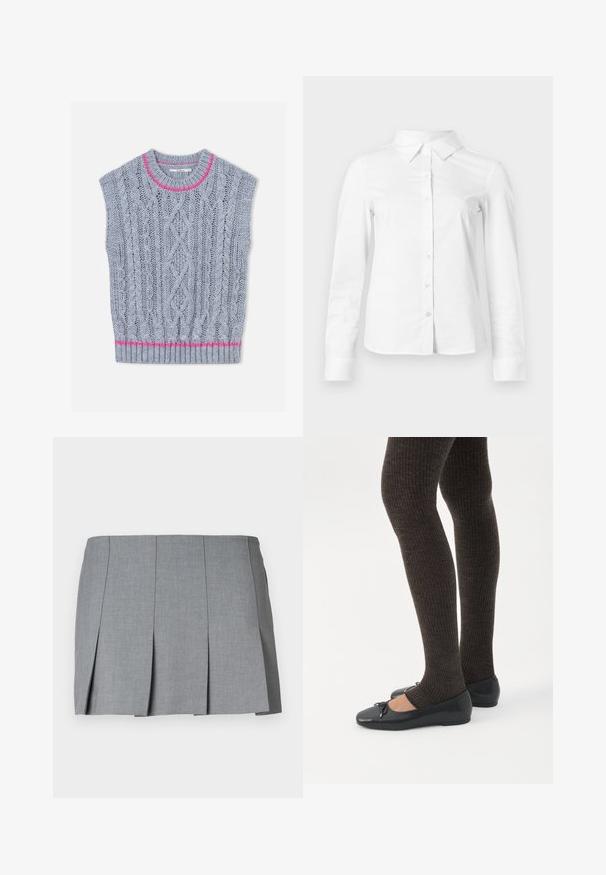 Gilet en tricot gris clair avec un motif torsadé, un accent rose autour de l'encolure et un ourlet inférieur côtelé. Manches courtes.; Chemise blanche à manches longues avec boutons, col pointu, ourlet droit et silhouette ajustée, présentée sur un fond clair uni.; Jupe plissée grise avec une texture lisse, un design structuré et une taille ajustée. Fabriquée en tissu léger avec un motif subtile.; Jambes portant des leggings côtelés foncés associés à des ballerines noires avec de petits détails en nœud sur fond blanc.